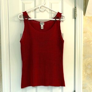 Chico's Red Open Stitch Knit Sleeveless Top with Wooden Button Detail. NWOT